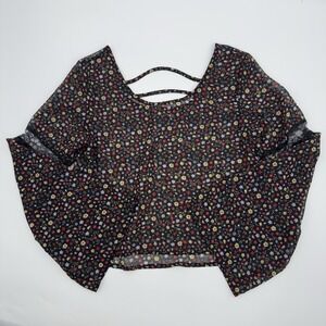Earthbound Floral Cropped Sheer Flutter Sleeve Top Women's Size Medium Black